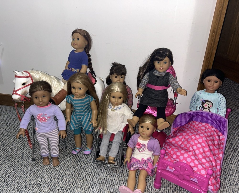 WHOLE AMERICAN GIRL DOLL SET, 8 dolls all clothed, horse, wheelchair, etc.