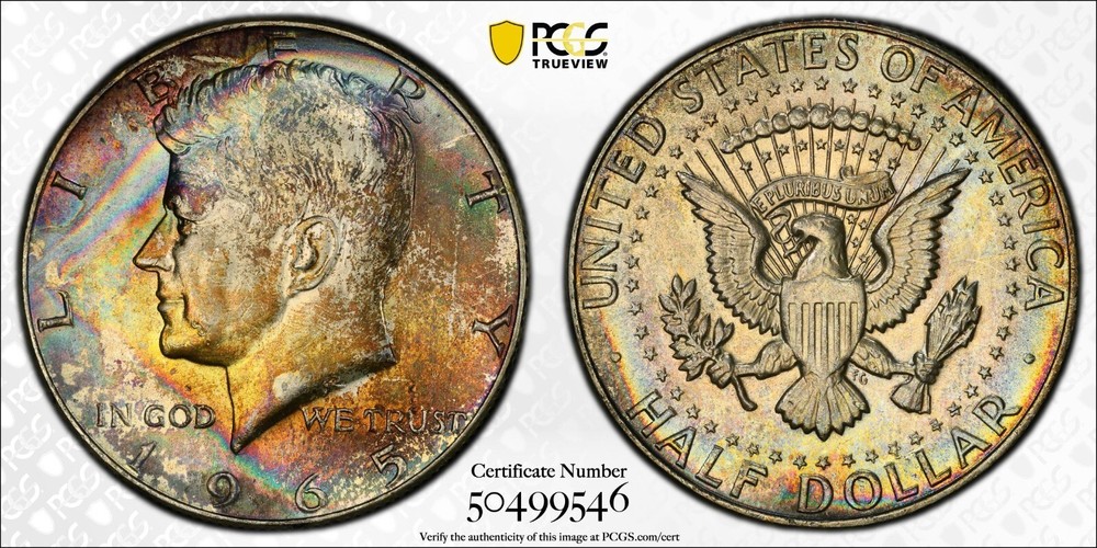 Rainbow Toned 1965 Silver MS 65 John F Kennedy Silver Half Dollar PCGS Slab 130