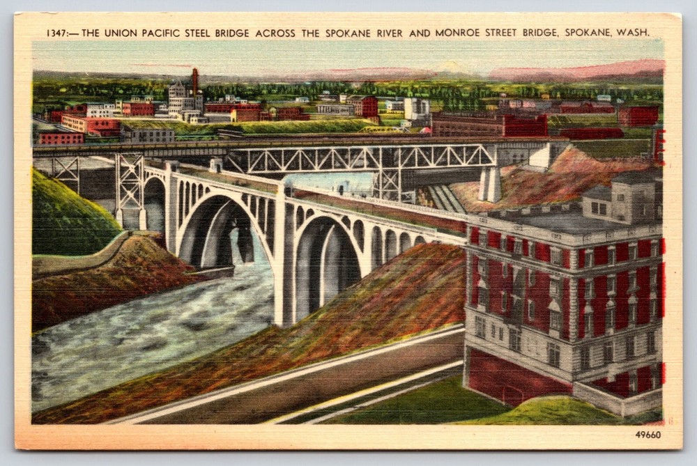 Original Vintage Postcard Union Pacific Steel Bridge River Spokane Washington