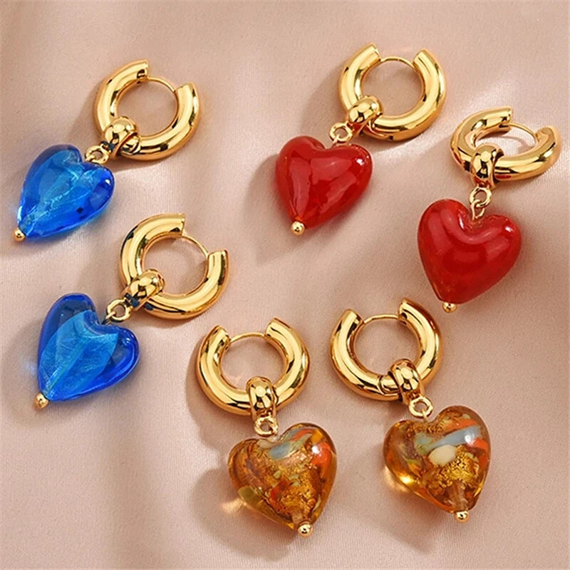 Light pink/Colorful enamel/Heart Pendant Female Earrings Clear/Blue ear buckle G