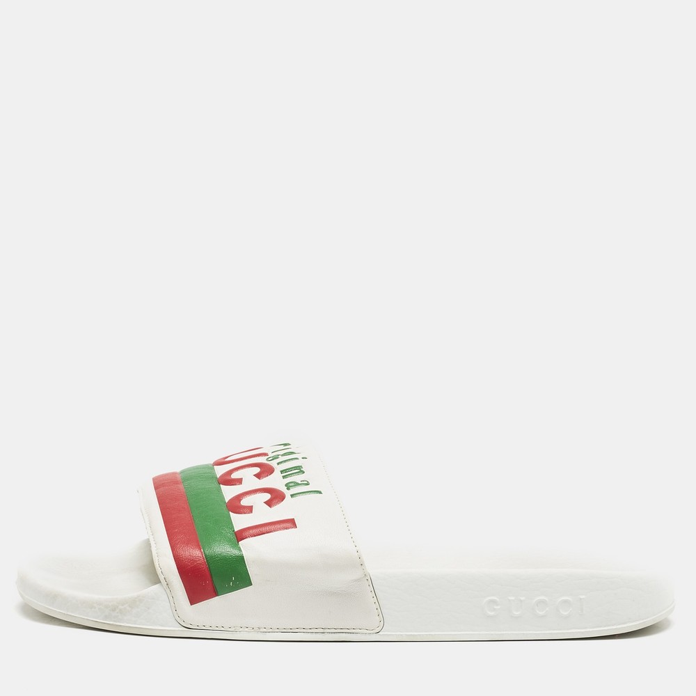 Gucci Original White Leather Flat Slides Size 43 EU