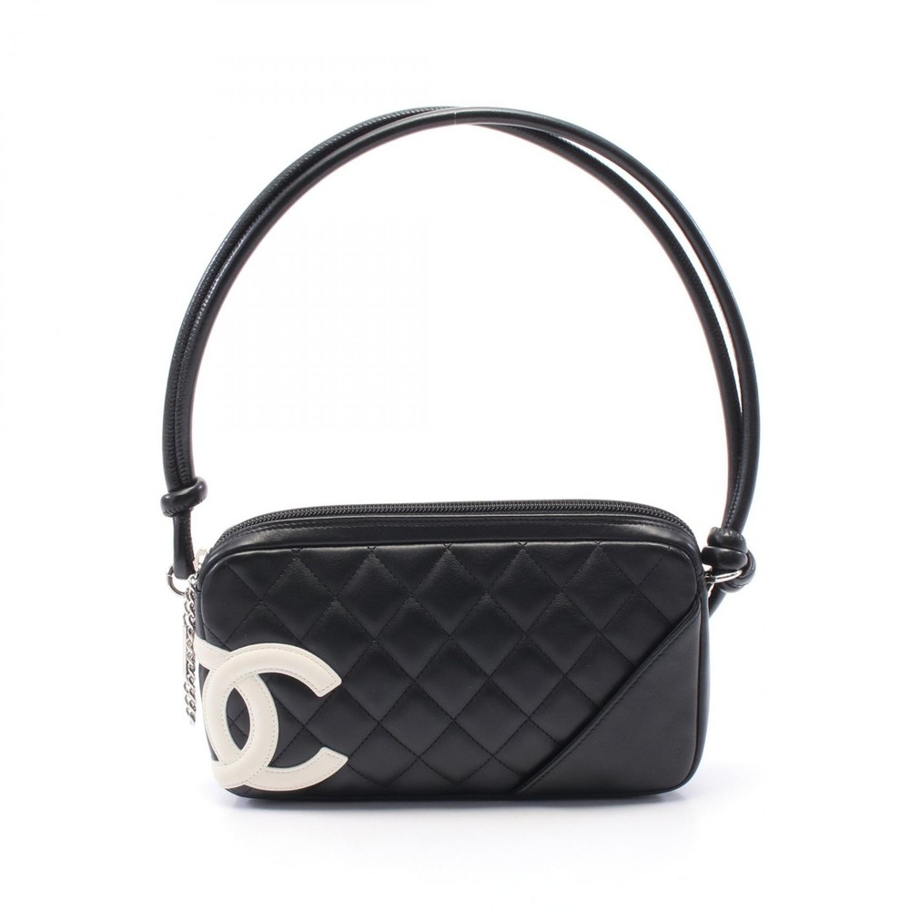 CHANEL Cambon Black White Leather Handbag SHW CC Logo A25175 Used Women