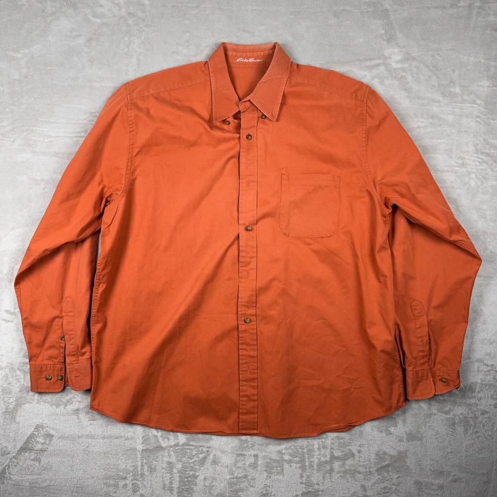 Eddie Bauer Shirt Mens XXL Orange Solid Button Up Long Sleeve Vintage Embroidery