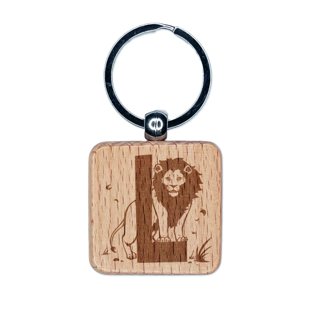 Lion Alphabet Letter L Engraved Wood Keychain Charm Tag  