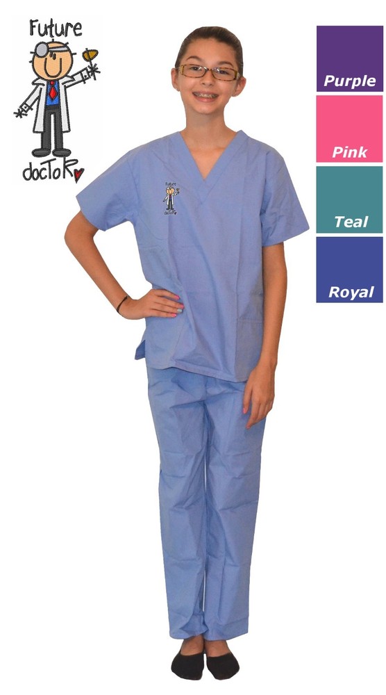 Future Doctor Kids Scrubs with Embroidery in Pink Blue Purple Teal Green