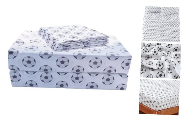 4-Piece Kids/Teens Sports Sheet Set - Soft Full White/Black Soccer Balls