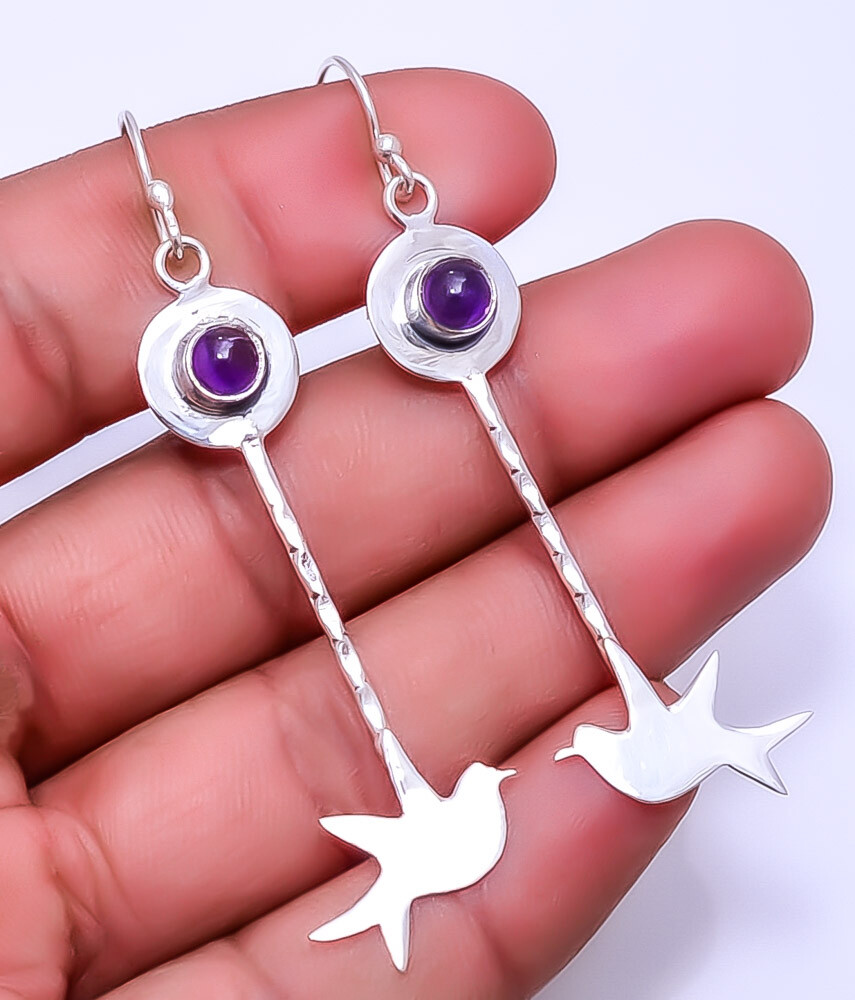Purple Amethyst - Brazil 925 Sterling Silver Flying Bird Earring 2.89