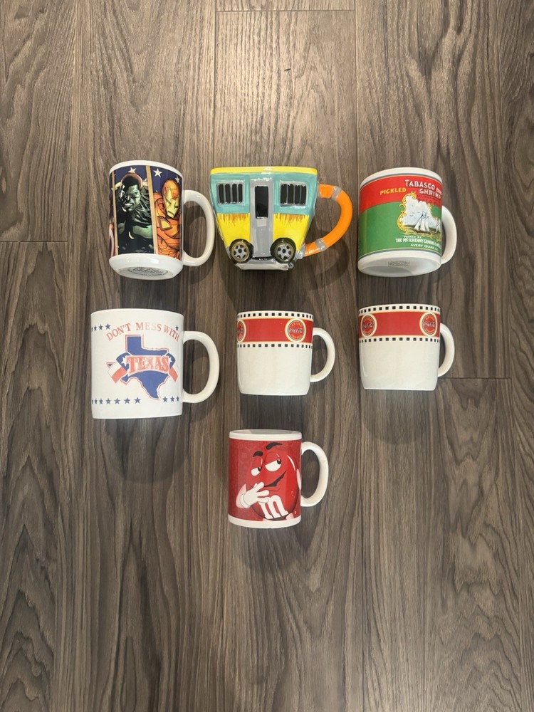 Vintage Mug Bundle Lot of 7 – Marvel M&M Coca-Cola Texas Tabasco Bus