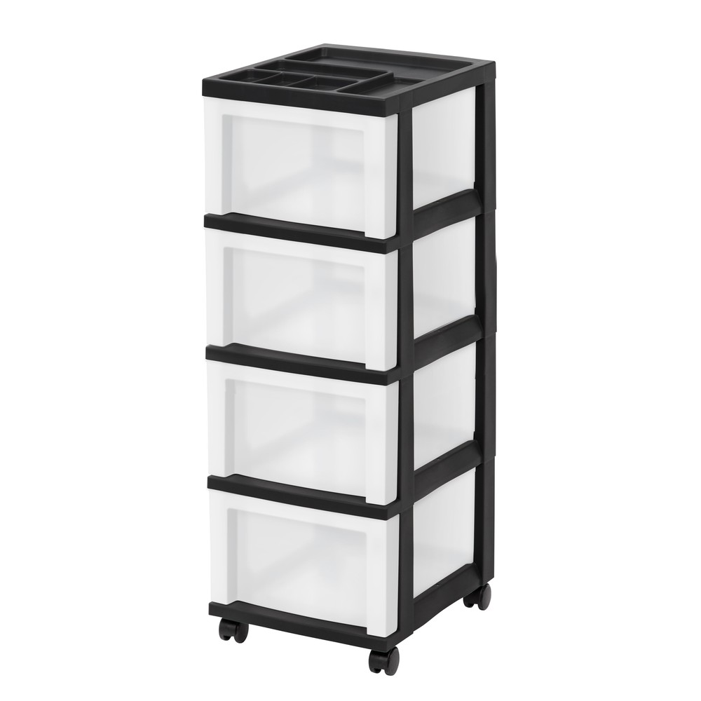 IRIS USA, 4-Drawer Narrow Plastic Storage Drawer Cart with Organizer Top, Black