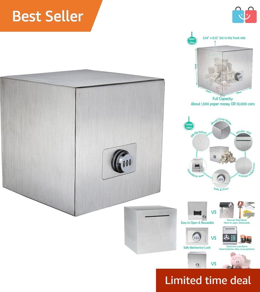 Password Protected Stainless Steel Piggy Bank Secure Savings Box for Adults 7.9
