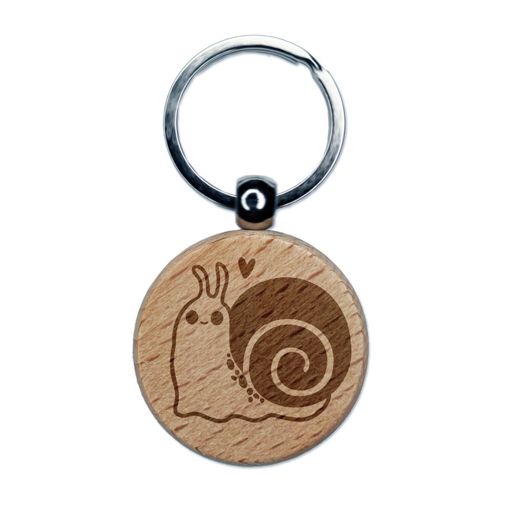 Happy Slow Kawaii Chibi Snail Engraved Wood Round Keychain Tag Charm