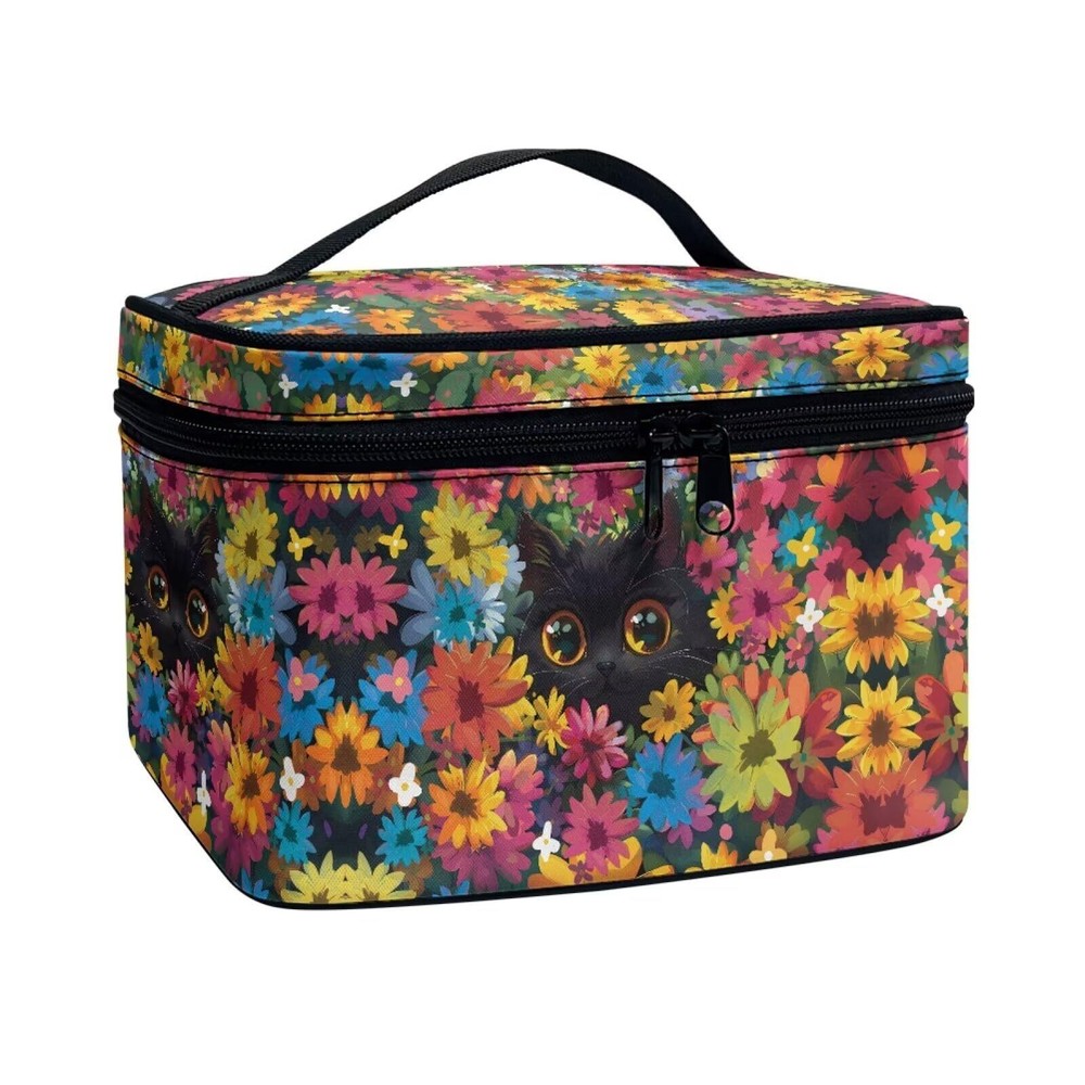 Black Cat and Colorful Flowers Travel Makeup Bag for Women with Large Capacity