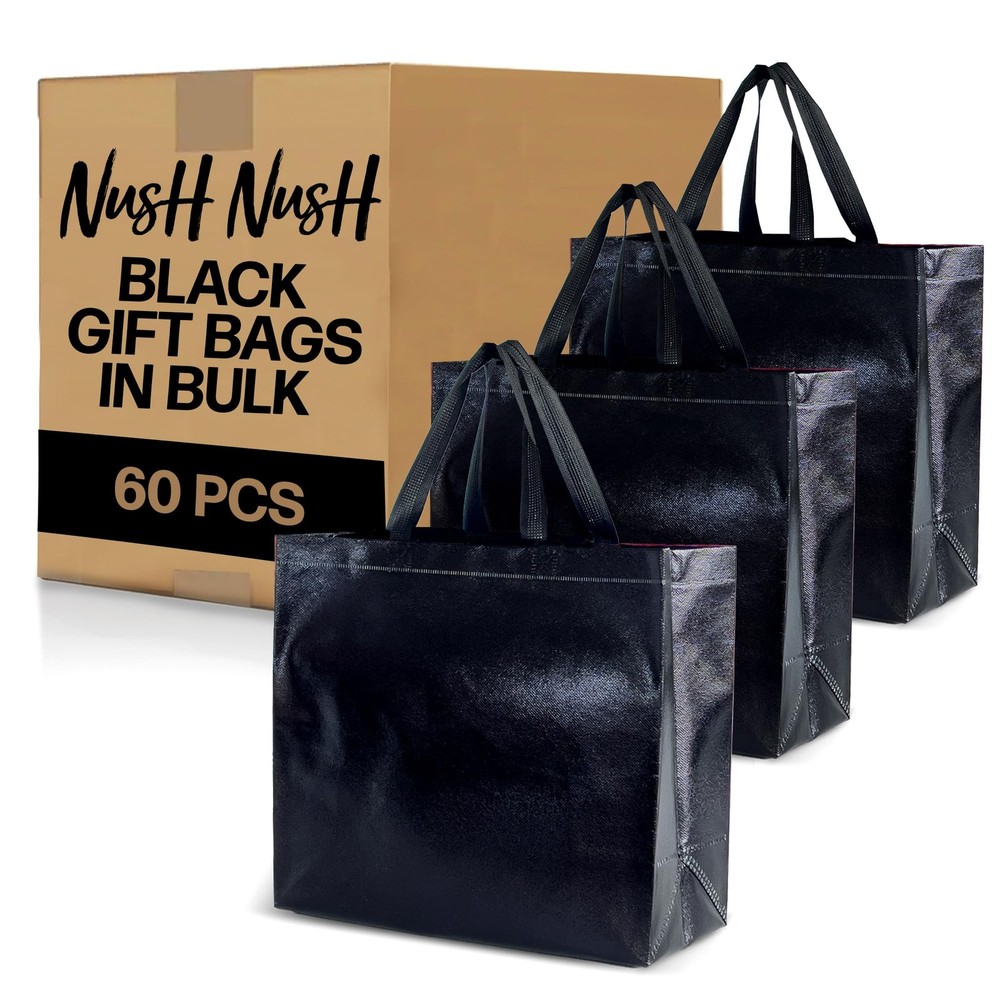 60-Piece Bulk Black Gift Bags - Large Shiny Reusable Party Favor Bags