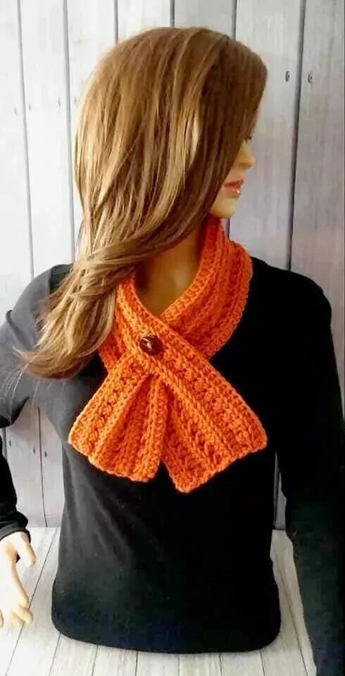 handmade crochet womans keyhole scarf button cowl pumpkin orange