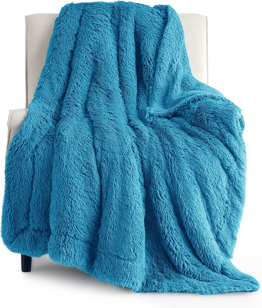 Blue Sherpa Fleece Faux Fur Throw Blanket 50x60 for Couch or Sofa