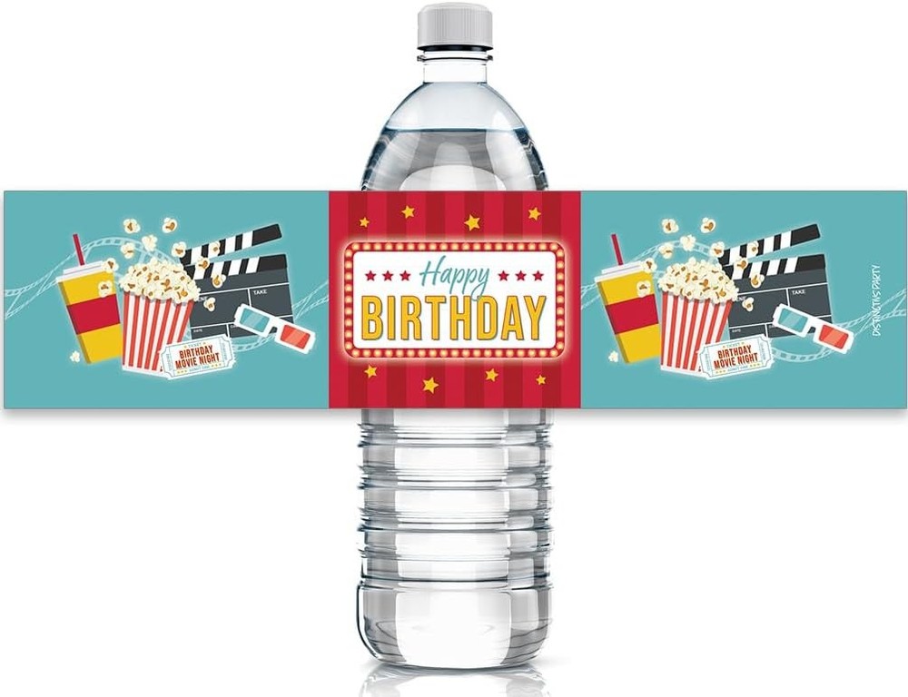 Movie Night Water Bottle Labels 20 Waterproof Wrappers