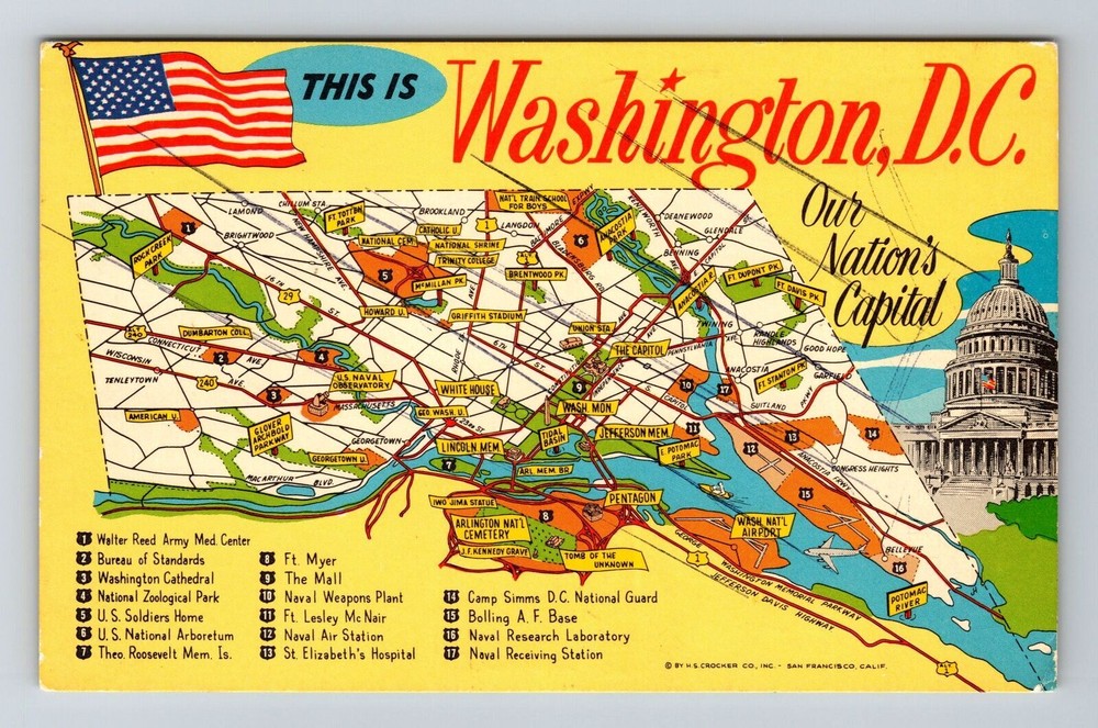 Washington DC-Scenic View Landmarks On Map, Vintage Postcard