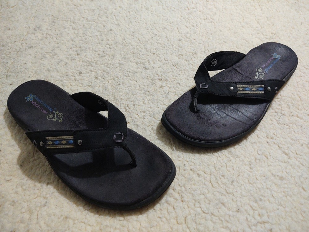 Sketchers Memory Foam Flip Flops Outdoor LifeStyle 8 Black with Designs