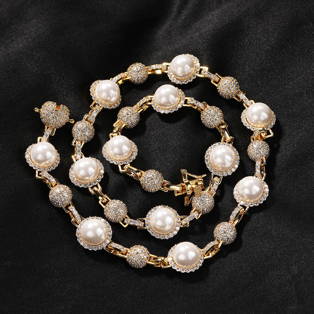 Hip Hop Pearl Beads Necklaces Bracelet Full Zircon Retro Stacked Choker Chain
