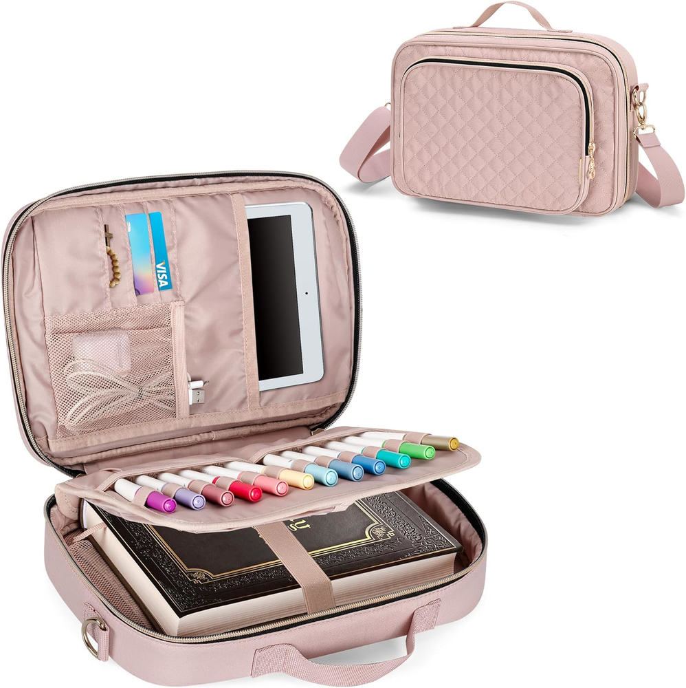 Bible Cover for Men Women Large Quilted Carrying Case with Shoulder Strap Pink