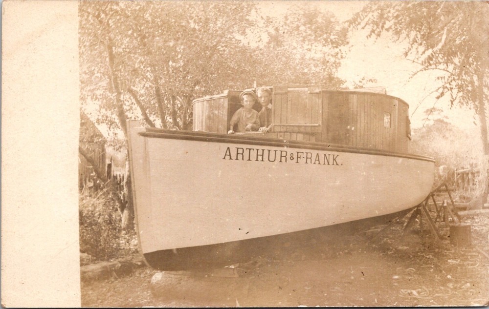 Antique Arthur & Frank Young Boys Commercial Fishing Boat RPPC Postcard 25046