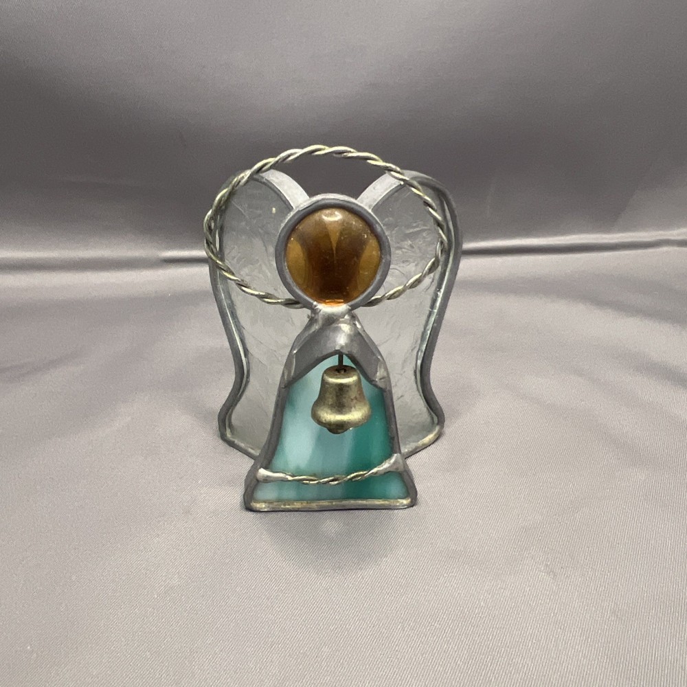 Blue Angel Tealight Holder with Gold Metal Frame and Stained Glass  
