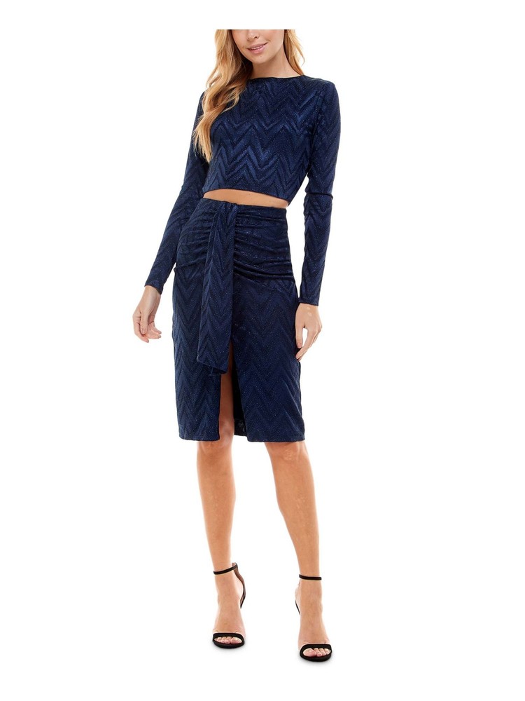 CITY STUDIO Womens Navy Crop Top Draped Skirt Long Sleeve Dress S