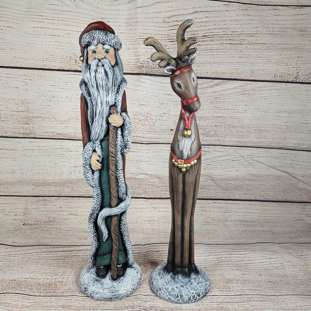 Ceramic Rustic Folk Art Tall Pencil Thin Santa And Reindeer Figurines 14”