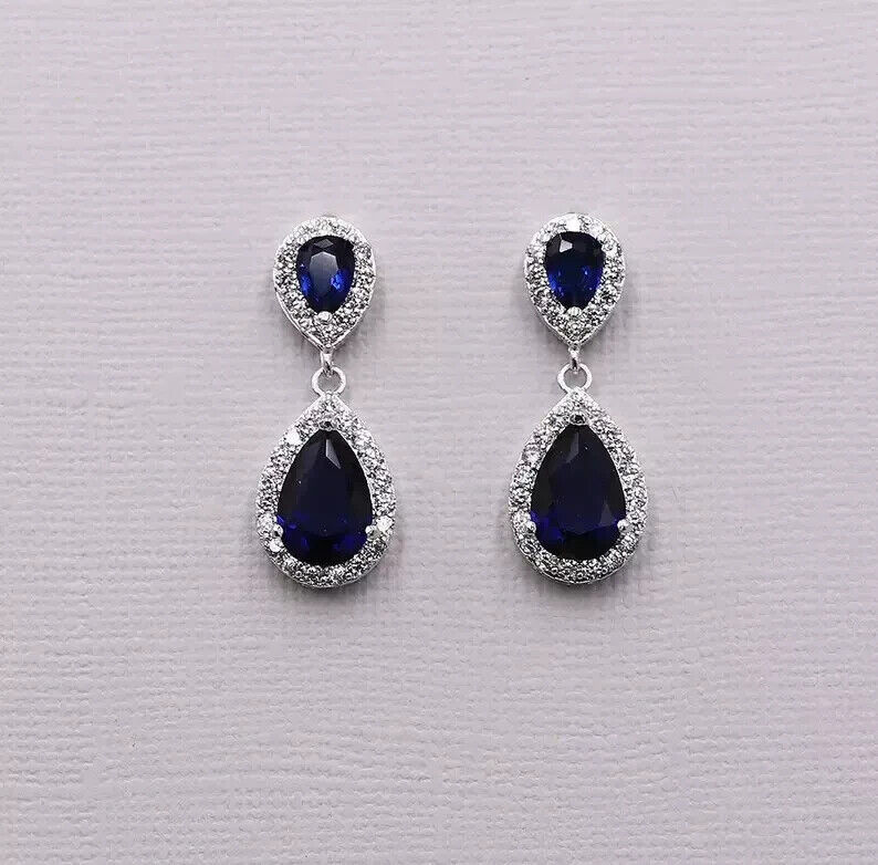 3.00 Ct Pear Cut Lab-Created Sapphire Drop/Dangle Earrings 14K White Gold Plated