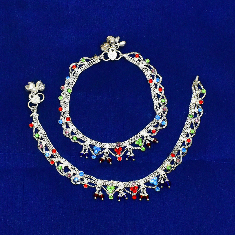 Anklet Bracelets Multicolor Glass Stones Stylish Fashion Accessory Silver Payal