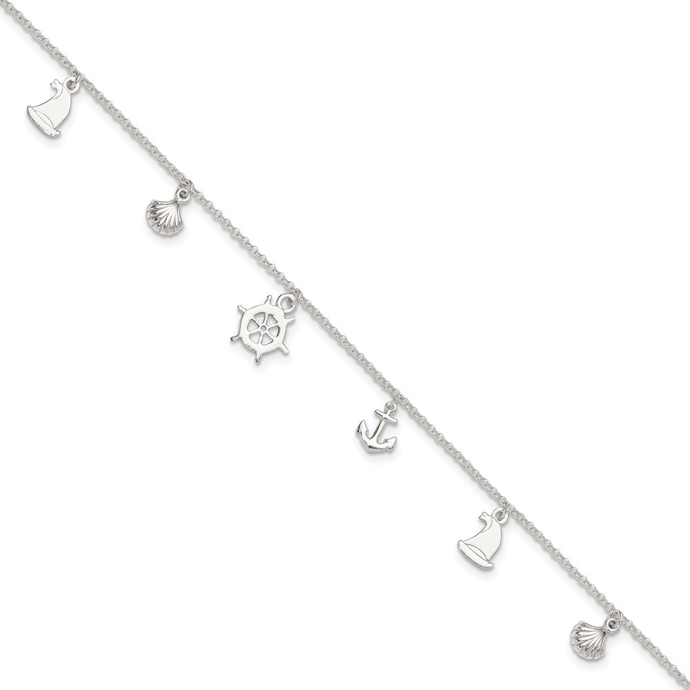 925 Sterling Silver Polished Ocean Themed Anklet 10 Inch with 1 Inch Extender 4.09 Grams