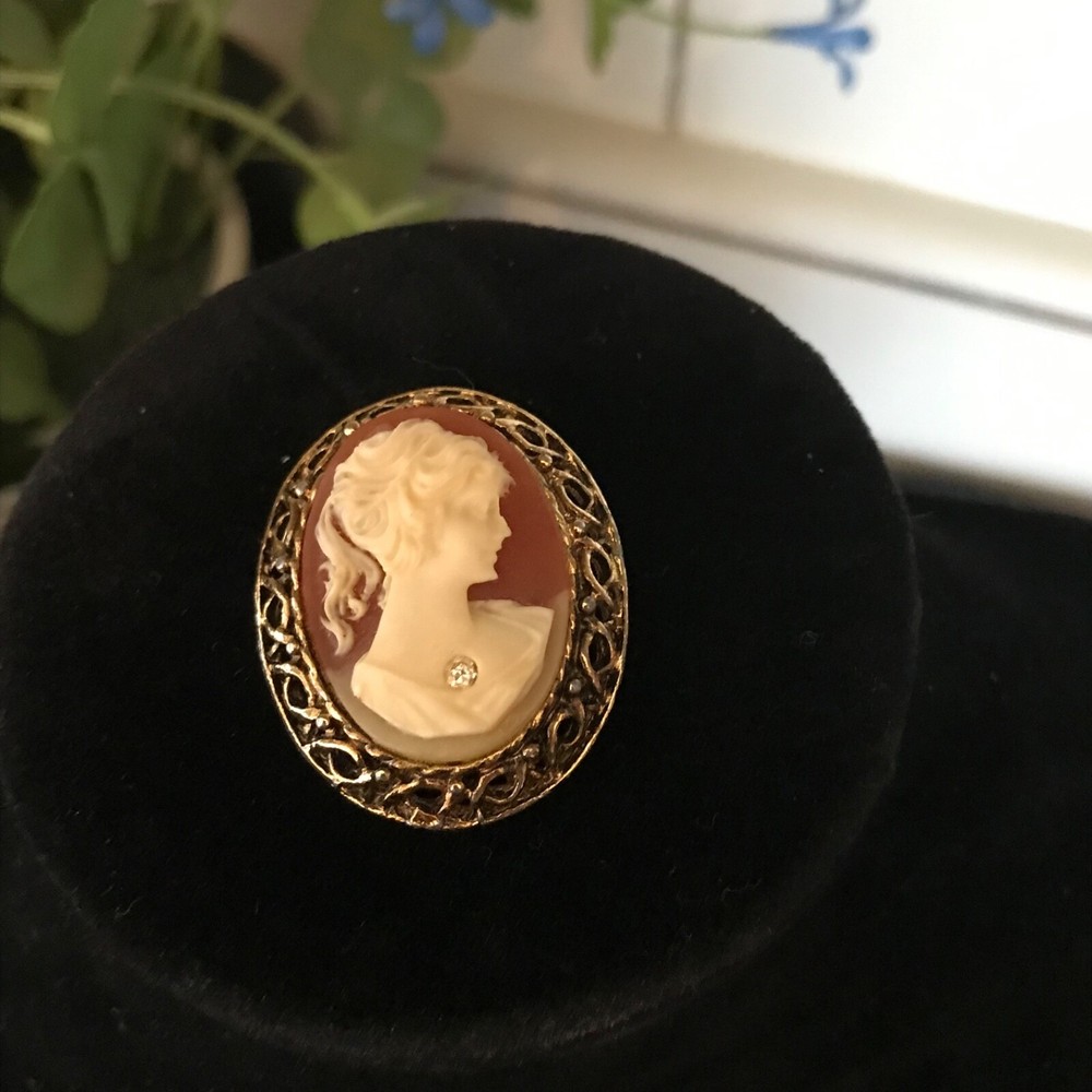 Vintage Victorian Carved Cameo Brooch with Rhinestone Accents