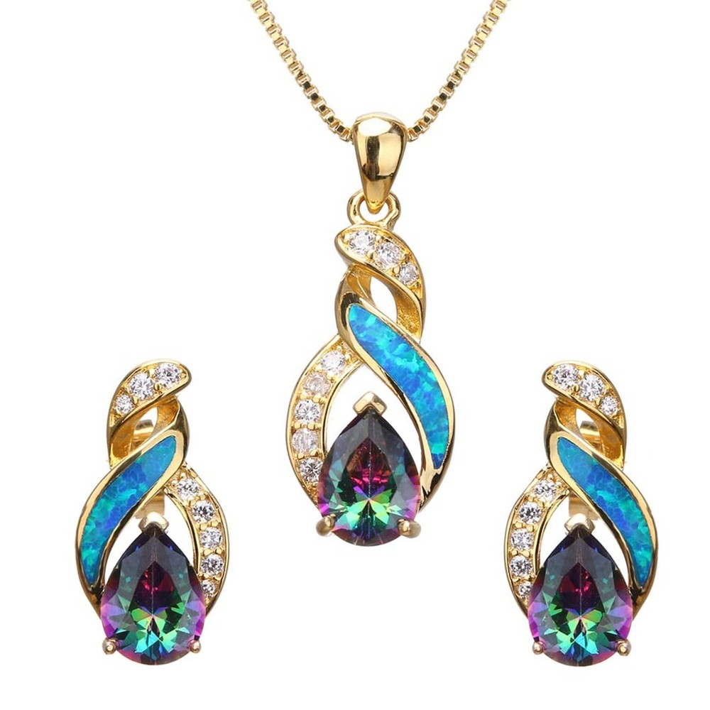 Birthstone Jewelry Set Created Opal Topaz Sapphire Halo Pendant Necklace and ...