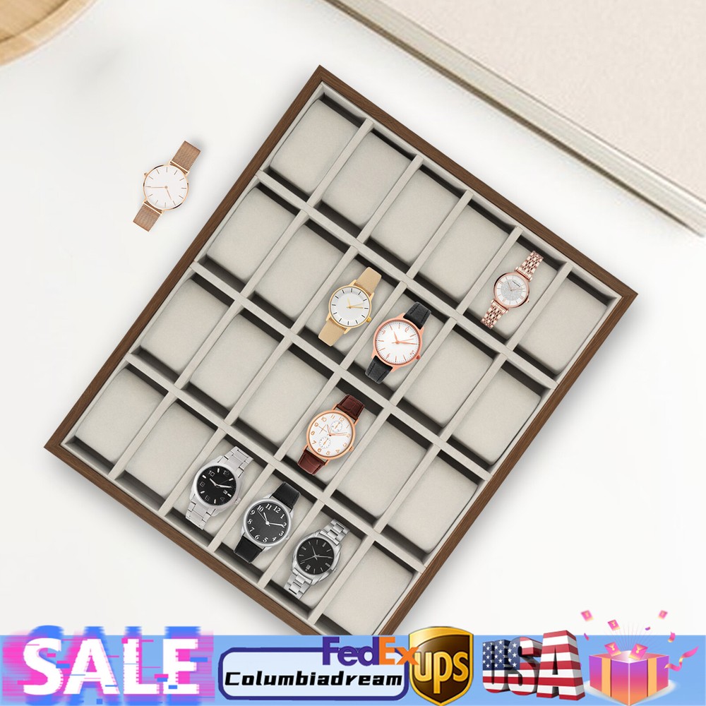 24-Slot Wooden Watch & Jewelry Display Case Organizer with Storage Tray
