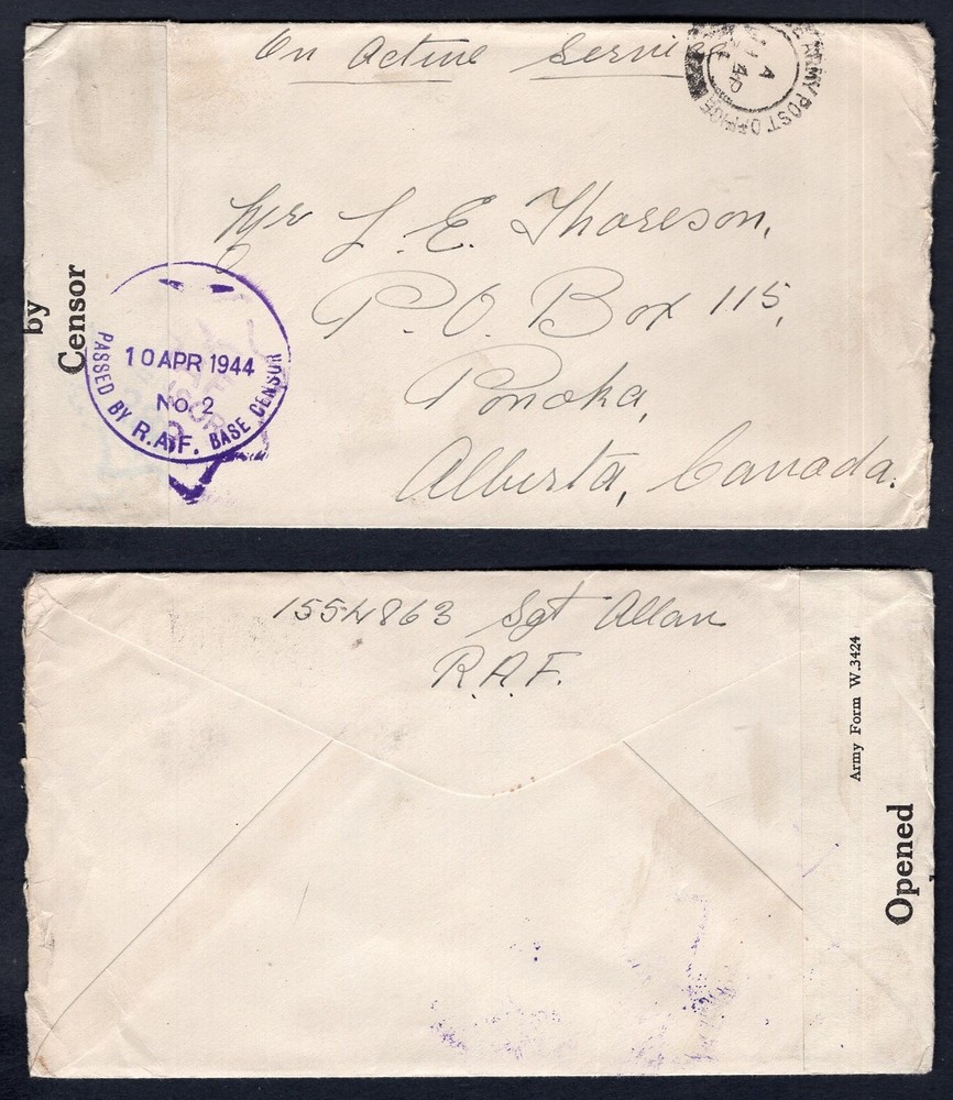 Canada WW2 Military 1944 RAF Censored Cover Ponoka Alberta. Tape Army Form W3424