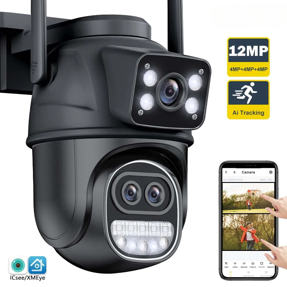12MP Outdoor WIFI Camera Zoom Three Lens Dual Screens PTZ Video Security Camera