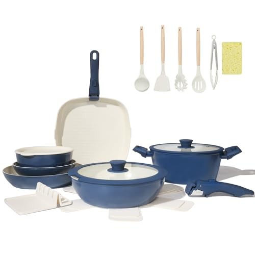 23pcs Nonstick Ceramic Cookware Set with Detachable Blue Handles