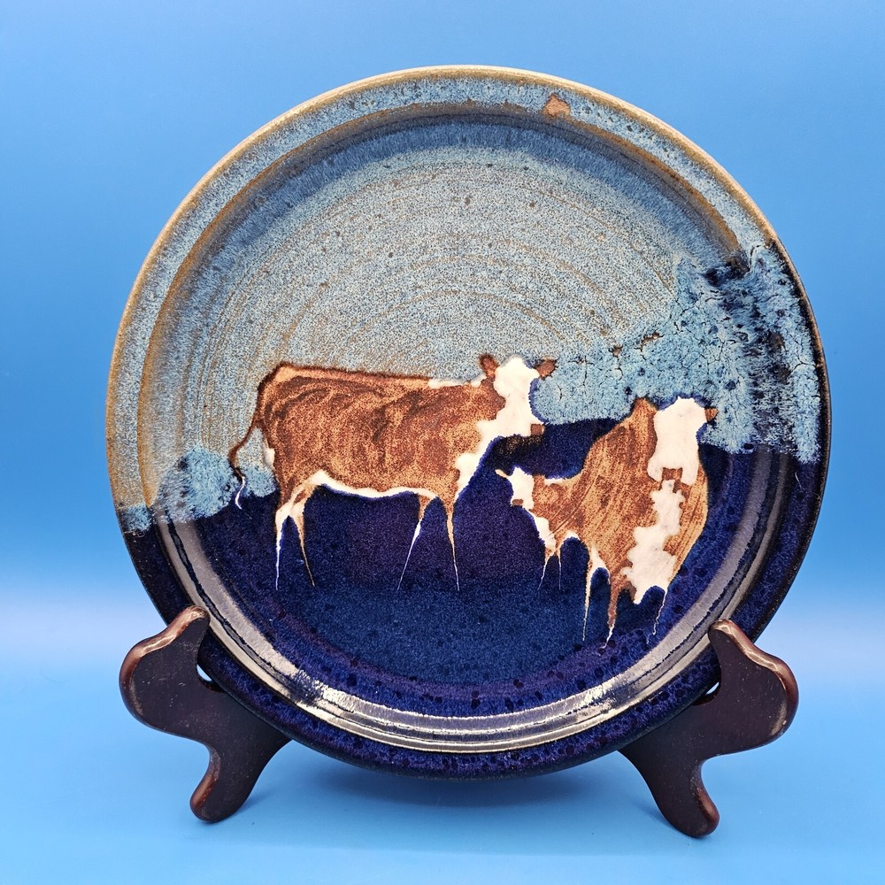 Signed B Braid Blue Cow Pottery Drip Glazed Ceramic 10