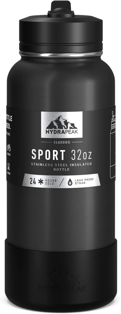 Hydrapeak 32oz Sport Insulated Water Bottle with Straw or Chug Lid, Leak & Spill
