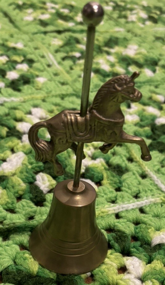 Vintage MCM Brass Carousel Horse Figurine Hand Bell Decor Home Novelty