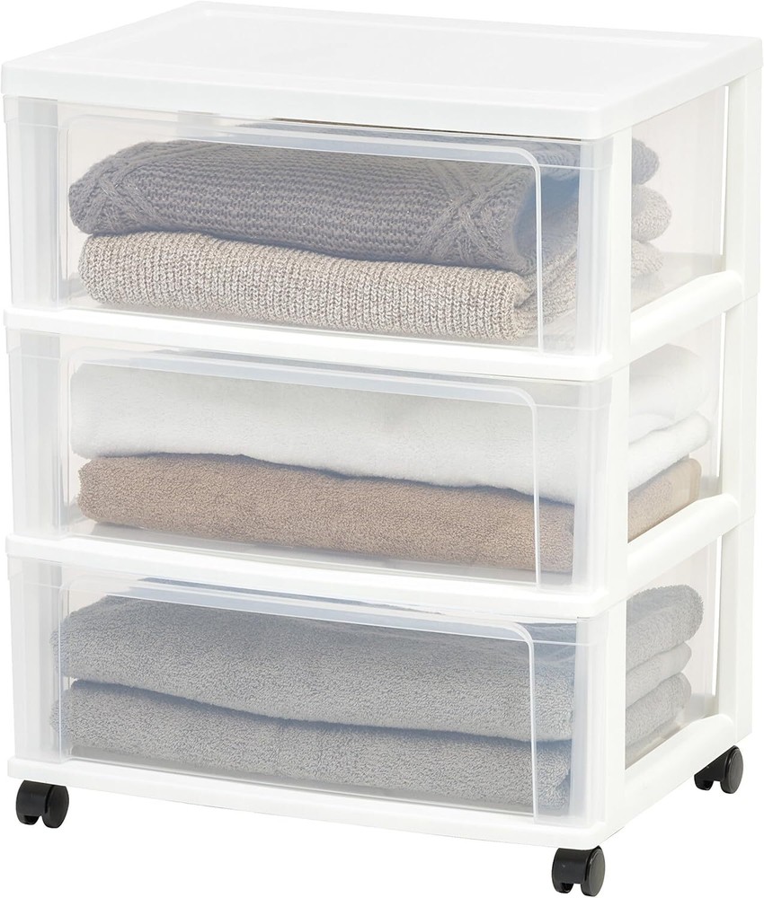 3-Drawers,Plastic Drawer Storage Organizer Rolling Cart,White/Clear