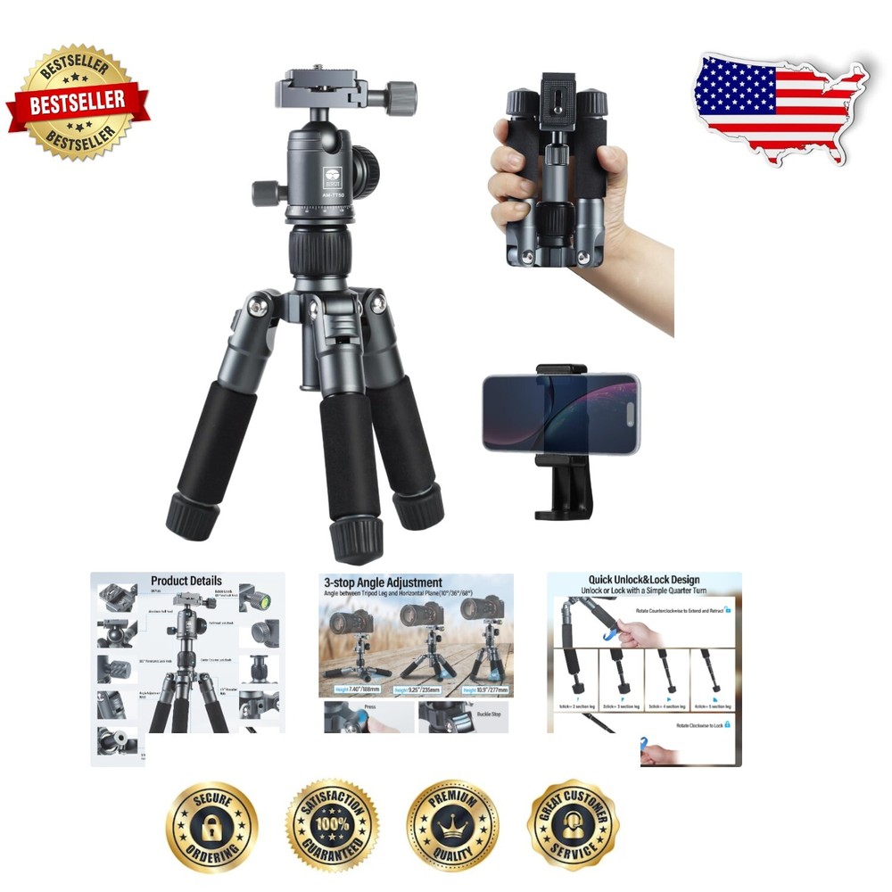 Lightweight & Compact Desktop Tripod for DSLR & Smartphone - Easy Adjustments
