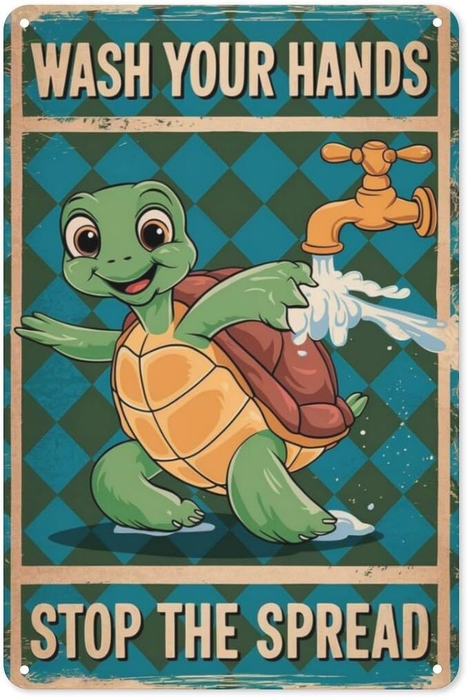 Hygiene Turtle Tin Sign 8x12in Whimsical Metal Wall Art for Bathroom Clinic Kitchen Decor