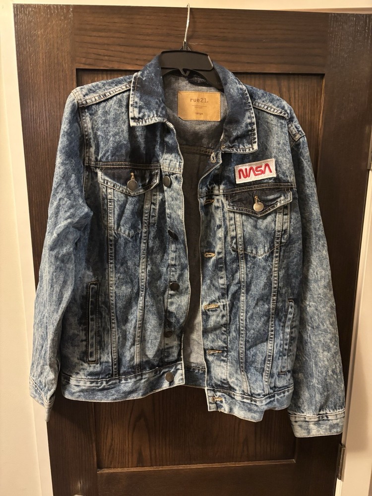 RUE 21 Acid Washed Blue Denim Bomber Style Jean Jacket NASA Embroidered L