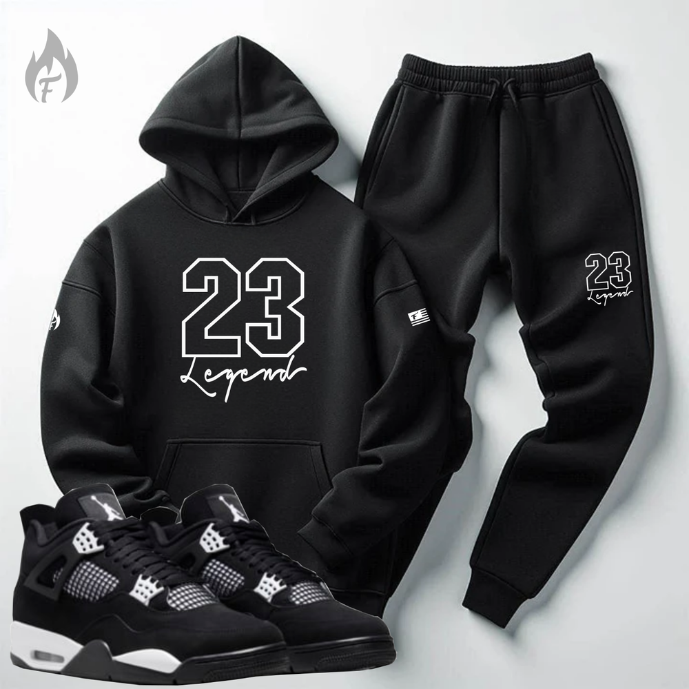 Black White Tracksuit 23 Legend Hoodie Joggers Set Match Jordan 4 White Thunder