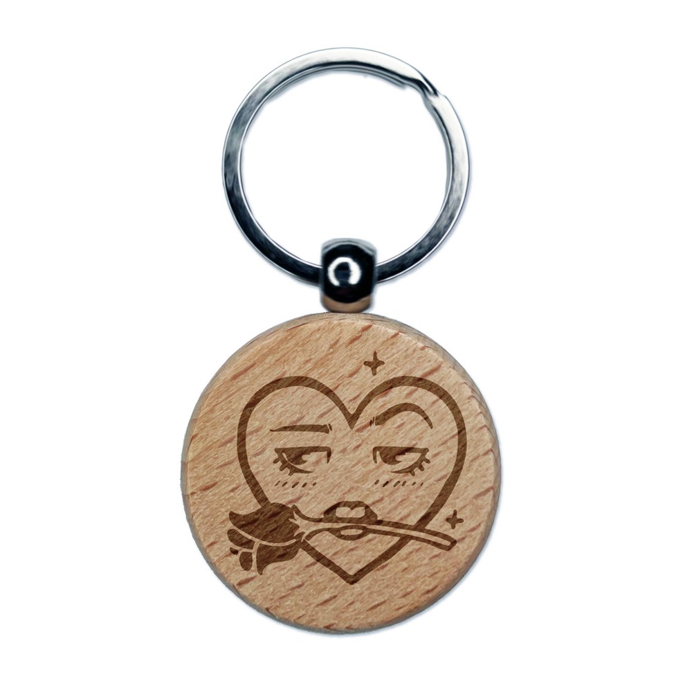 Flirty Heart Face Rose in Teeth Engraved Wooden Round Keychain