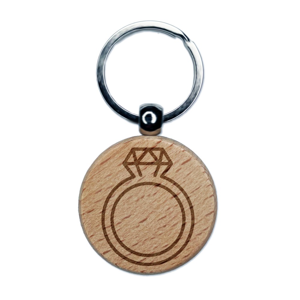 Diamond Ring Wedding Engagement Engraved Wood Round Keychain Tag Charm