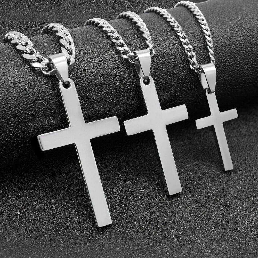 Men Cuban Necklace Stainless Steel Women Boy Cross Pendant Curb Chain Gfit