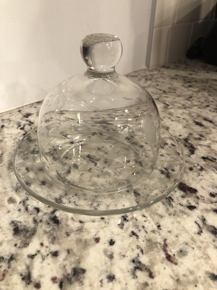 Princess House Elegant Etched Glass Butter Dish with Dome Lid  