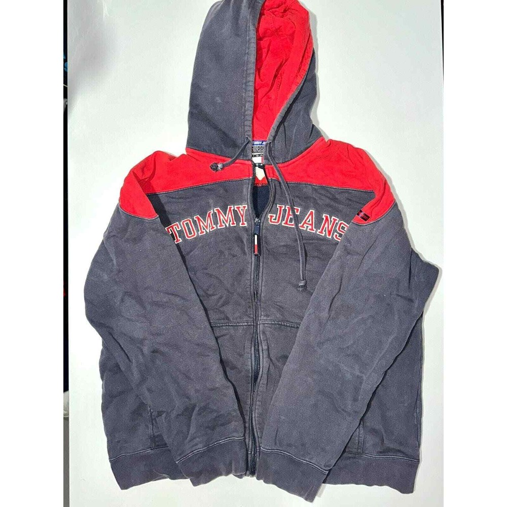Tommy Hilfiger Full Zip Hoodie Men's Size Medium Blue/Red Fleece-Line Cotton